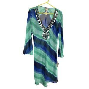Roulette Swim Cover Up Womens 14 Green Blue Beaded Plunge Sheer Resort Beach NWT
